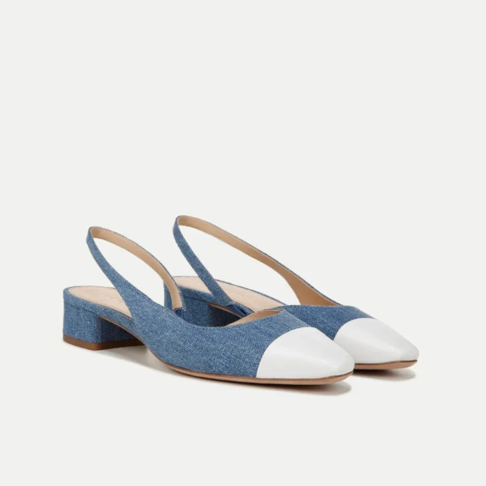 Veronica Beard Cecile Denim Cap-Toe Slingback (Size 10) in Denim/Coconut - Picture 3 of 6